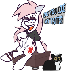 Size: 5200x5510 | Tagged: safe, artist:threetwotwo32232, nurse redheart, cat, earth pony, pony, g4, clothes, female, looking at you, mare, maxwell the carryable cat, shirt, simple background, sitting, t-shirt, talking to viewer, tattoo, transparent background