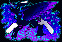 Size: 900x600 | Tagged: safe, artist:remsleep, oc, oc only, oc:empress, alicorn, draconequus, pony, alicorn oc, black background, claws, female, horn, signature, simple background, solo, spread wings, unshorn fetlocks, wings