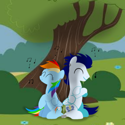 Size: 1400x1400 | Tagged: safe, artist:mlplary6, rainbow dash, soarin', pegasus, pony, g4, boyfriend and girlfriend, eyes closed, female, listening to music, male, mare, mp3 player, music notes, ship:soarindash, shipping, sitting, smiling, stallion, straight, tree