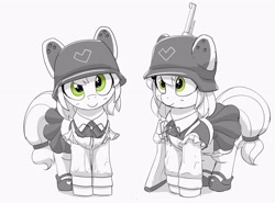 Size: 3454x2559 | Tagged: safe, artist:pabbley, oc, oc only, earth pony, pony, clothes, cute, female, grayscale, gun, helmet, high res, looking at you, maid, mare, monochrome, partial color, rifle, simple background, smiling, smiling at you, stahlhelm, weapon, white background