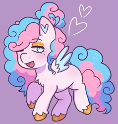 Size: 1245x1310 | Tagged: safe, artist:korozashisakae, oc, oc only, oc:angel bliss, pegasus, pony, chest fluff, eyeshadow, female, floating heart, hair over one eye, heart, lidded eyes, makeup, mare, open mouth, open smile, pegasus oc, purple background, raised hoof, simple background, smiling, solo, spread wings, tail, unshorn fetlocks, wings