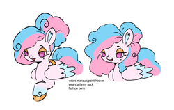 Size: 1698x1074 | Tagged: safe, artist:10uhh, oc, oc only, oc:angel bliss, pegasus, pony, beauty mark, eyeshadow, female, lidded eyes, makeup, mare, open mouth, open smile, pegasus oc, simple background, smiling, solo, tail, white background, wings