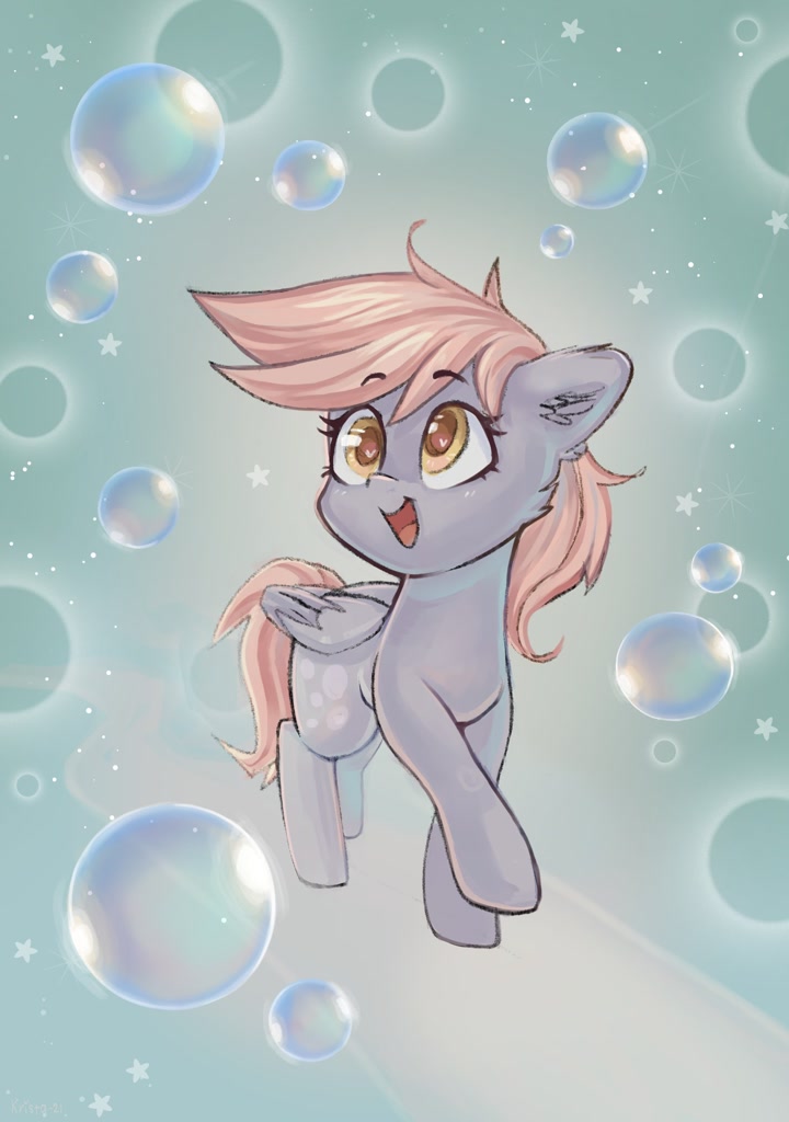 [bubble,cute,derpy hooves,eyebrows,female,heart,heart eyes,mare,open mouth,pegasus,pony,safe,signature,solo,wingding eyes,wings,looking up,ear fluff,derpabetes,smiling,folded wings,eyebrows visible through hair,open smile,artist:krista-21]