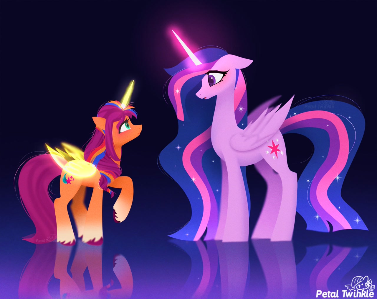 [alicorn,duo,earth pony,female,g5,glowing,glowing horn,horn,mare,older,pony,race swap,raised hoof,reflection,safe,signature,twilight sparkle,height difference,looking at each other,ethereal mane,gradient background,starry mane,older twilight,twilight sparkle (alicorn),looking at someone,princess twilight 2.0,sunny starscout,sunnycorn,sunny and her heroine,artist:petaltwinkle]
