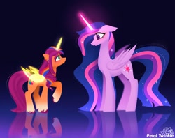 Size: 2048x1620 | Tagged: safe, artist:petaltwinkle, sunny starscout, twilight sparkle, alicorn, earth pony, pony, g4, g5, duo, ethereal mane, female, glowing, glowing horn, gradient background, height difference, horn, looking at each other, looking at someone, mane stripe sunny, mare, older, older twilight, older twilight sparkle (alicorn), princess twilight 2.0, race swap, raised hoof, reflection, signature, starry mane, sunny and her heroine, sunnycorn, twilight sparkle (alicorn)