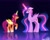 Size: 2048x1620 | Tagged: safe, artist:petaltwinkle, sunny starscout, twilight sparkle, alicorn, earth pony, pony, g4, g5, duo, ethereal mane, female, glowing, glowing horn, gradient background, height difference, horn, looking at each other, looking at someone, mane stripe sunny, mare, older, older twilight, older twilight sparkle (alicorn), princess twilight 2.0, race swap, raised hoof, reflection, signature, starry mane, sunny and her heroine, sunnycorn, twilight sparkle (alicorn)