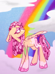 Size: 1535x2048 | Tagged: safe, artist:sugvr_alien, fluttershy, pegasus, pony, g4, alternate design, alternate hairstyle, cloud, on a cloud, rainbow, solo, standing on a cloud