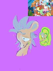 Size: 1535x2048 | Tagged: safe, artist:sugvr_alien, country mile, emerald green, fat stacks, green gem, high roller, pacifica, pony morty, pony rick, silver waves, star hunter, earth pony, pony, g4, las pegasus resident, morty smith, ponified, purple background, rick and morty, rick sanchez, simple background, solo focus