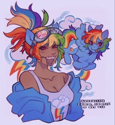 Size: 1099x1200 | Tagged: safe, artist:ghuoulish, kotobukiya, rainbow dash, human, pegasus, pony, g4, breasts, cleavage, clothes, duo, eared humanization, fangs, female, four ears, goggles, goggles on head, hoodie, humanized, kotobukiya rainbow dash, self paradox, self ponidox, smiling, tan skin, tank top, teeth
