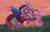 Size: 5100x3300 | Tagged: safe, artist:ashley-the-muffin, angel bunny, discord, fluttershy, draconequus, pegasus, pony, rabbit, g4, absurd file size, absurd resolution, animal, cloud, duo focus, eyes closed, female, field, grass, lidded eyes, lying down, male, mare, nuzzling, prone, ship:discoshy, shipping, signature, sky, straight, sunset