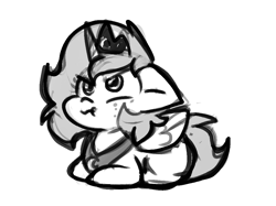 Size: 1070x801 | Tagged: safe, artist:zutcha, princess luna, alicorn, pony, g4, black and white, cute, female, filly, foal, freckles, frown, grayscale, grumpy, looking up, lunabetes, lying down, monochrome, ponyloaf, prone, scrunchy face, simple background, sketch, solo, white background, woona, younger