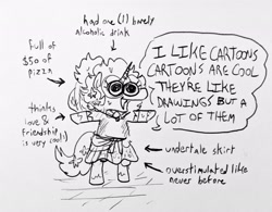 Size: 2048x1597 | Tagged: safe, artist:punkittdev, oc, oc only, oc:star magnolia, pony, unicorn, arrow, bipedal, clothes, dialogue, female, grayscale, mare, monochrome, open mouth, open smile, pencil drawing, skirt, smiling, solo, speech bubble, sweat, text, traditional art