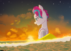 Size: 3480x2480 | Tagged: safe, artist:starburstuwu, zipp storm, pegasus, pony, g5, absurd file size, cloud, female, high res, looking back, mare, ocean, signature, sky, solo, stars, sunset, surfboard, twilight (astronomy), water, wave, wet, wet mane