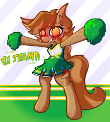 Size: 3558x3954 | Tagged: safe, artist:foxtrnal, oc, oc only, oc:amber wings, pegasus, semi-anthro, amber eyes, arm hooves, blushing, brown mane, cheerleader, cheerleader outfit, clothes, crossdressing, high res, male, solo, sweat, sweatdrop, text
