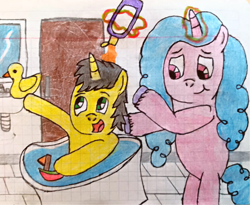 Size: 3641x2982 | Tagged: safe, artist:bitter sweetness, izzy moonbow, oc, oc only, oc:bitter sweetness, pony, unicorn, g5, abdl, bathroom, bathtub, door, duo, female, glowing, glowing horn, graph paper, green eyes, high res, hooves, horn, magic, male, mirror, open mouth, open smile, pink eyes, playing, rubber duck, shampoo, smiling, telekinesis, traditional art, tub, unicorn oc, washing, water