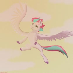 Size: 1240x1240 | Tagged: safe, artist:starburstuwu, zipp storm, pegasus, pony, g5, cloud, female, flying, mare, signature, sky, smiling, solo, spread wings, wings