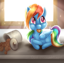 Size: 932x916 | Tagged: safe, artist:opal2023, rainbow dash, pegasus, pony, g4, cookie, cookie jar, cookie thief, crepuscular rays, cute, female, filly, foal, food, funny, naughty, solo, window