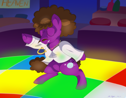 Size: 1620x1260 | Tagged: safe, artist:necrofeline, oc, oc only, oc:boogie hooves, earth pony, pony, series:boogie to the max, 1970s, chain necklace, checkered floor, clothes, club, counter, dancing, disco, earth pony oc, horseshoe (one), jewelry, male, ponysona, seat, smiling, solo, suit, table, this will end in weight gain, weight gain sequence