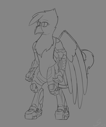 Size: 4000x4800 | Tagged: safe, artist:somber, oc, oc only, cyborg, griffon, amputee, augmented, bipedal, female, prosthetic leg, prosthetic limb, prosthetics, solo