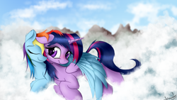 Size: 1920x1080 | Tagged: safe, artist:aurelleah, rainbow dash, twilight sparkle, alicorn, pegasus, pony, g4, 2017, cloud, duo, duo male and female, eyebrows, eyes closed, female, floppy ears, folded wings, half r63 shipping, horn, hug, lying down, male, mare, old art, on a cloud, prone, rainbow blitz, rule 63, ship:twiblitz, ship:twidash, shipping, signature, sky, smiling, snuggling, spread wings, stallion, straight, twilight sparkle (alicorn), winghug, wings