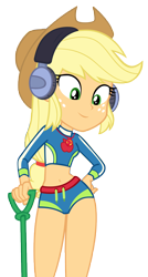 Size: 5245x9760 | Tagged: safe, artist:andoanimalia, applejack, human, equestria girls, g4, lost and found, my little pony equestria girls: better together, applejack's beach shorts swimsuit, applejack's hat, belly button, clothes, cowboy hat, female, geode of super strength, grin, hand on hip, hat, headphones, jewelry, lace, magical geodes, midriff, necklace, shorts, shovel, simple background, smiling, solo, stetson, stupid sexy applejack, swim shirt, swimsuit, transparent background, vector