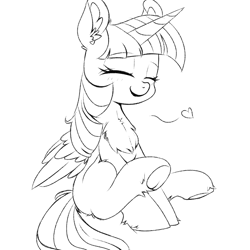 Size: 1080x1080 | Tagged: safe, artist:twiliset, twilight sparkle, alicorn, pony, g4, black and white, blushing, chest fluff, cute, daaaaaaaaaaaw, eyes closed, floating heart, fluffy, grayscale, happy, heart, monochrome, simple background, sketch, smiling, solo, twiabetes, twilight sparkle (alicorn), white background