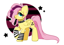 Size: 4229x2966 | Tagged: safe, artist:kittyrosie, part of a set, fluttershy, pegasus, pony, g4, alternate hairstyle, choker, chokershy, female, folded wings, goth, hair over one eye, high res, looking at you, mare, raised hoof, simple background, smiling, smiling at you, solo, spiked choker, white background, wings