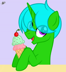 Size: 3392x3687 | Tagged: safe, artist:darkmoonsilver, oc, oc:green byte, pony, unicorn, commission, food, high res, ice cream, male, stallion, ych result