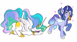 Size: 3417x1881 | Tagged: safe, artist:opalacorn, princess celestia, oc, oc:asteria, alicorn, pony, unicorn, g4, artificial wings, augmented, blushing, celestia is not amused, collar, commission, constellation, constellation freckles, dragging, duo, eyes closed, face down ass up, female, freckles, heart, leash, lying down, magic, magic wings, mare, mouth hold, pet play, prone, pulling, simple background, smiling, sweat, sweatdrop, unamused, white background, wings