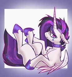 Size: 2444x2635 | Tagged: safe, artist:opalacorn, princess celestia, alicorn, pony, between dark and dawn, g4, chest fluff, choker, chokerlestia, female, high res, looking at you, lying down, mare, missing cutie mark, on back, passepartout, punklestia, solo, spiked choker