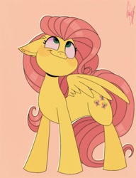 Size: 1922x2500 | Tagged: safe, artist:galaxycake667, fluttershy, pegasus, pony, g4, blush sticker, blushing, cute, female, high res, looking up, mare, partially open wings, pink background, shyabetes, simple background, smiling, solo, wings