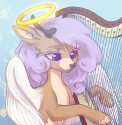 Size: 3440x3528 | Tagged: safe, artist:helemaranth, oc, oc only, angel, deer, angelic wings, cloven hooves, dexterous hooves, halo, harp, high res, musical instrument, solo, wings