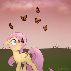 Size: 3000x3000 | Tagged: safe, artist:flutterpawss, fluttershy, butterfly, pegasus, pony, g4, blank flank, blushing, butterfly on nose, cute, female, filly, filly fluttershy, high res, insect on nose, looking up, mare, shyabetes, solo, younger