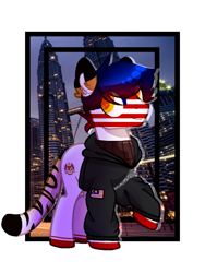 Size: 720x960 | Tagged: safe, artist:diniarvegafinahar, big cat, hybrid, original species, pony, tiger, tiger pony, clothes, jacket, malaysia, male, nation ponies, petronas towers, ponified, raised hoof, simple background, solo, stallion, white background