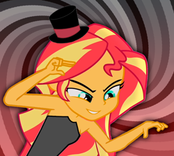 Size: 1100x986 | Tagged: source needed, safe, artist:paco777yuyu, sunset shimmer, human, equestria girls, g4, clothes, costume, dress, female, hand, hat, hypnosis, hypnotist, magic, solo, spiral, spiral background