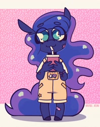 Size: 1613x2048 | Tagged: safe, artist:lrusu, princess luna, earth pony, anthro, unguligrade anthro, g4, bandage, bandaid, blush lines, blushing, bracelet, clothes, cup, ear fluff, earth pony luna, ethereal hair, ethereal mane, ethereal tail, jewelry, missing horn, overalls, race swap, shooting star, sipping, solo, standing, straw, tail, teal eyes