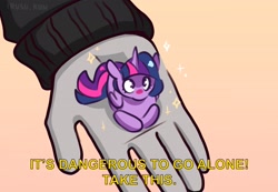 Size: 1904x1321 | Tagged: safe, artist:lrusu, twilight sparkle, alicorn, pony, g4, blushing, caption, gradient background, hand, holding a pony, in goliath's palm, it's dangerous to go alone, lying down, ponyloaf, prone, size difference, sparkles, text, twilight sparkle (alicorn)