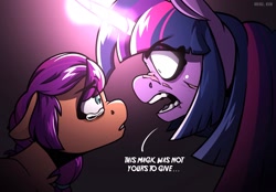 Size: 2048x1423 | Tagged: safe, artist:lrusu, sunny starscout, twilight sparkle, alicorn, earth pony, pony, g5, angry, dialogue, facial scar, floppy ears, glowing, glowing horn, horn, looking at each other, looking at someone, open mouth, scar, shrunken pupils, sunny and her heroine, teary eyes, that magic was not yours to give, twilight sparkle (alicorn)