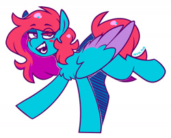 Size: 1703x1367 | Tagged: safe, artist:lrusu, oc, oc only, oc:cyan, pegasus, pony, artfight, blush lines, blush sticker, blushing, chest fluff, colored wings, colored wingtips, fangs, folded wings, lidded eyes, looking at you, multicolored wings, open mouth, purple eyes, simple background, smiling, solo, white background, wings