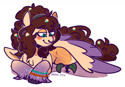 Size: 1806x1257 | Tagged: safe, artist:lrusu, oc, oc only, pegasus, pony, beauty mark, blush sticker, blushing, chest fluff, colored hooves, colored wings, colored wingtips, ear fluff, green eyes, hairband, lidded eyes, looking down, lying down, multicolored wings, nose piercing, nose ring, piercing, plant, simple background, smiling, solo, unshorn fetlocks, white background, wings