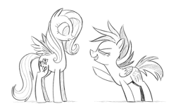 Size: 1010x639 | Tagged: safe, artist:mellodillo, fluttershy, rainbow dash, pegasus, pony, g4, duo, female, filly, filly fluttershy, filly rainbow dash, grayscale, height difference, looking at each other, looking at someone, monochrome, pointing, simple background, smoldash, tallershy, white background, younger