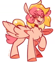 Size: 1308x1504 | Tagged: safe, artist:lrusu, oc, oc only, pegasus, pony, blush lines, blush sticker, blushing, chest fluff, colored hooves, eyes closed, eyeshadow, makeup, open mouth, partially open wings, raised hoof, simple background, smiling, solo, standing, white background, wings