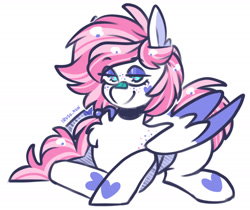 Size: 1706x1435 | Tagged: safe, artist:lrusu, oc, oc only, pegasus, pony, bandage, bandaid, bandaid on nose, body freckles, body markings, chest fluff, colored wings, colored wingtips, ear fluff, eyeshadow, facial markings, folded wings, freckles, lidded eyes, looking at you, lying down, makeup, multicolored wings, ponytail, simple background, smiling, smiling at you, solo, teal eyes, white background, wings
