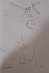 Size: 1382x2048 | Tagged: safe, artist:manicpanda, princess luna, alicorn, pony, g4, female, looking up, mare, monochrome, pencil drawing, sketch, solo, traditional art, wingless, wingless alicorn