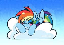 Size: 2048x1423 | Tagged: safe, artist:lrusu, rainbow dash, pegasus, pony, g4, beanbrows, cloud, eye clipping through hair, eyebrows, eyebrows visible through hair, eyes closed, on a cloud, sleeping, sleeping on a cloud, sleepydash, solo