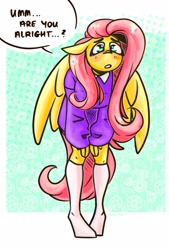 Size: 1382x2048 | Tagged: safe, artist:lrusu, fluttershy, pegasus, anthro, unguligrade anthro, g4, clothes, concerned, dialogue, floppy ears, socks, solo, speech bubble, stupid sexy fluttershy