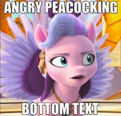 Size: 753x727 | Tagged: safe, edit, edited screencap, screencap, queen haven, pegasus, pony, a little horse, g5, my little pony: make your mark, my little pony: make your mark chapter 4, spoiler:g5, bottom text, caption, cropped, female, image macro, mare, meme, solo, spread wings, text, wings