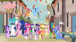 Size: 1920x1080 | Tagged: safe, edit, edited screencap, editor:incredibubbleirishguy, screencap, apple bloom, applejack, discord, fluttershy, pinkie pie, princess cadance, princess celestia, princess flurry heart, princess luna, rainbow dash, rarity, scootaloo, shining armor, spike, starlight glimmer, sweetie belle, trixie, twilight sparkle, alicorn, draconequus, dragon, earth pony, pegasus, pony, unicorn, g4, to where and back again, 1000 years in photoshop, alicorn pentarchy, alternate scenario, balloon, bunting, cake, crown, cupcake, cutie mark crusaders, female, filly, foal, food, group, group photo, group picture, group shot, happy, jewelry, looking at camera, looking at you, male, mane eight, mane seven, mane six, our town, pie, princess, regalia, royalty, scootaloo can fly, smiling, stallion, starlight's village, tiara, twilight sparkle (alicorn), winged spike, wings