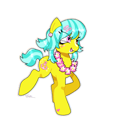 Size: 2048x2048 | Tagged: safe, artist:ot4sune, anchors away, g3, cute, high res, jewelry, lei, necklace, raised hoof, simple background, smiling, solo, transparent background