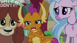 Size: 2000x1125 | Tagged: safe, edit, edited screencap, editor:quoterific, screencap, silverstream, smolder, yona, classical hippogriff, dragon, hippogriff, yak, g4, the hearth's warming club, fangs